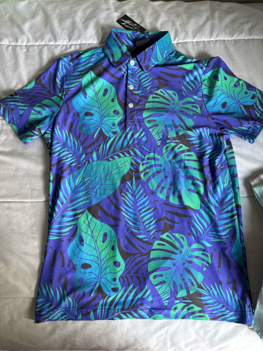 Men's Tropical Leaf Polo Shirt in Blue & Green